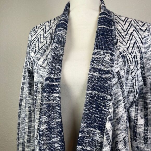 Cupio Women's Open Front Cardigan Waterfall Patchwork Navy and White Medium - Picture 2 of 11